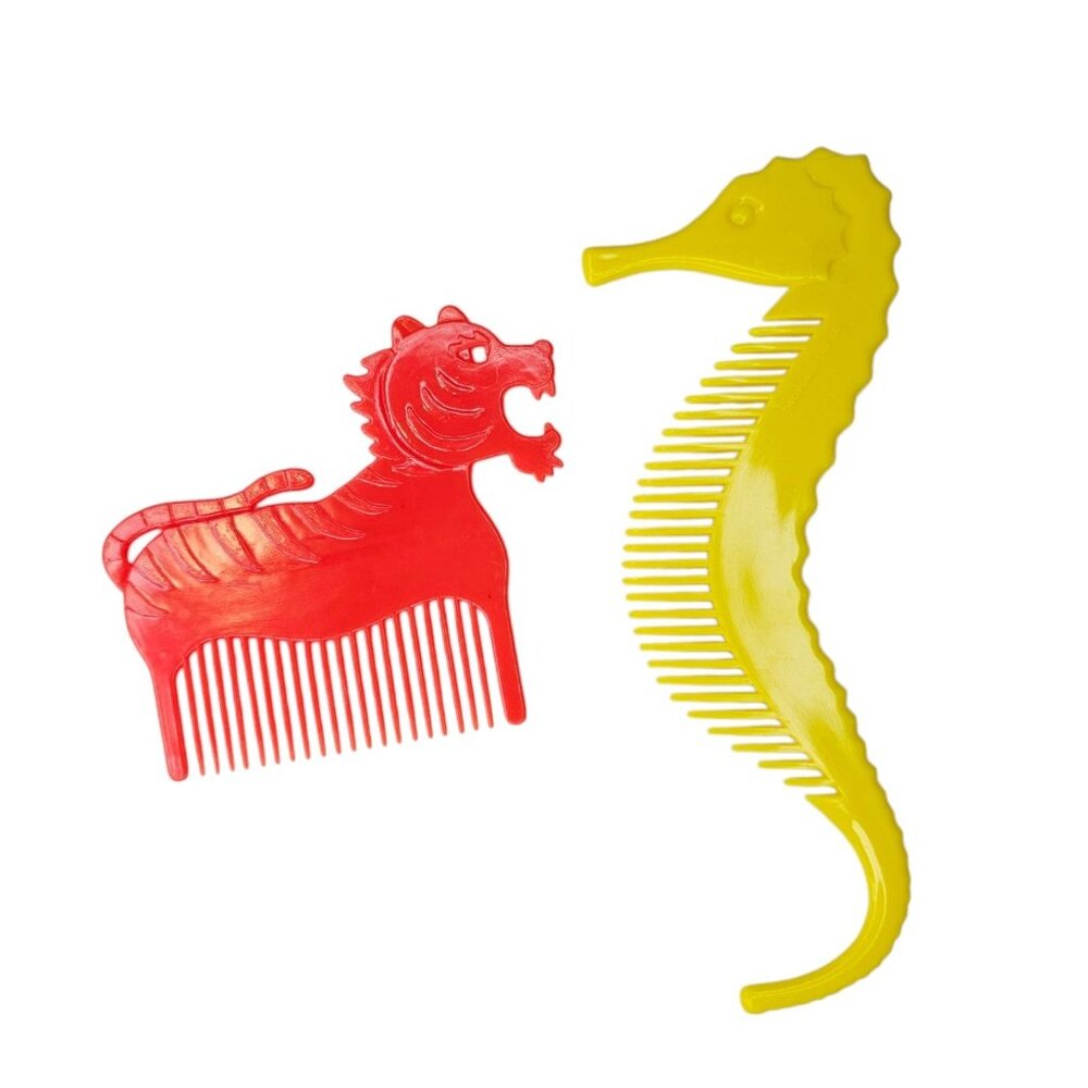 Vintage Childrens Hair Combs Animalls Yellow Seahorse Orange Tiger Hong Kong